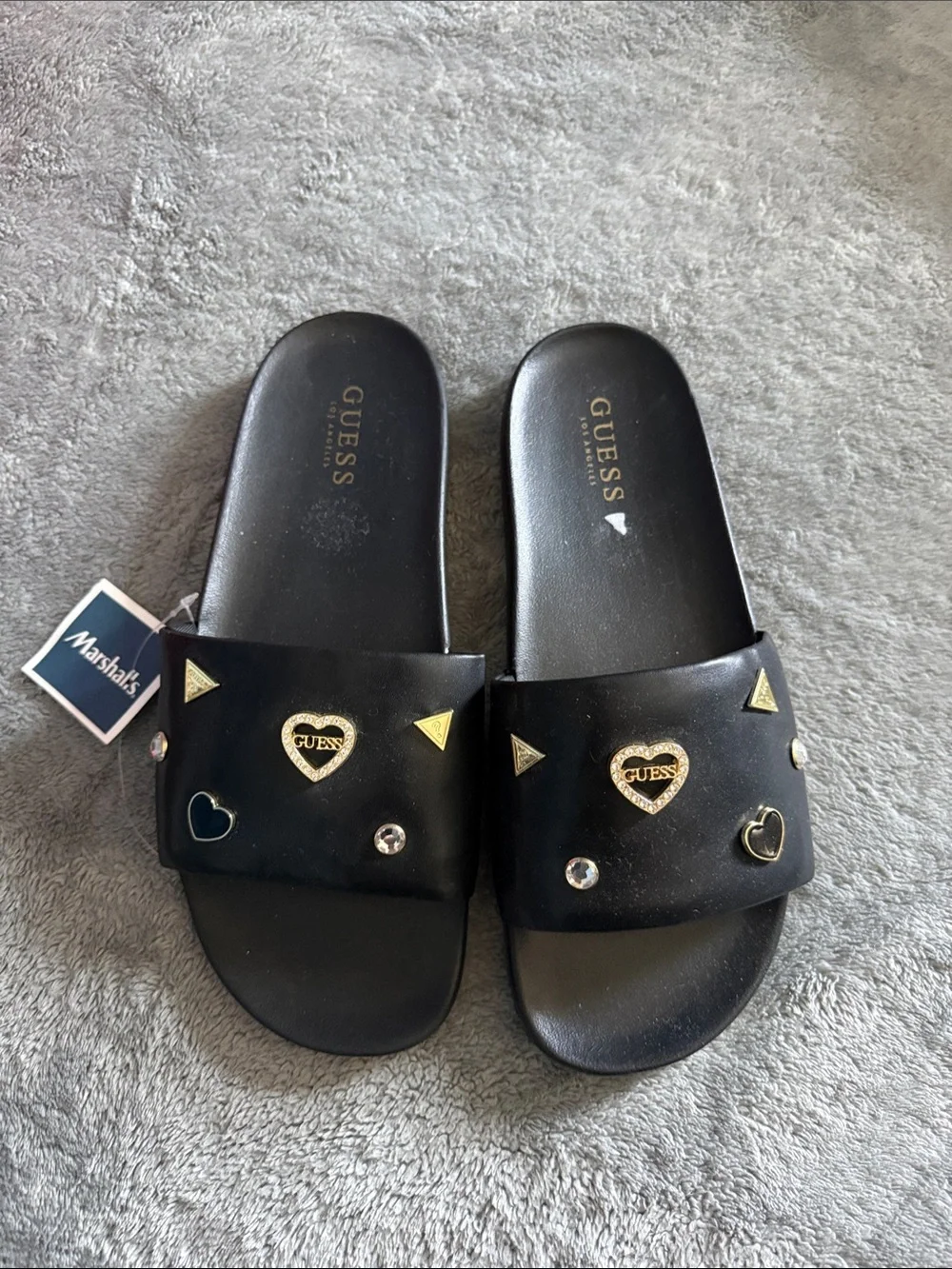 GUESS Black Slide Sandals with Gold Heart Studs. Size 10 women’s. New with tags